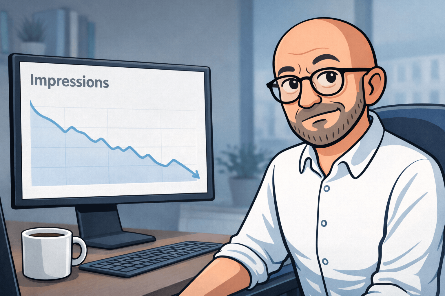 Michael studies a falling Google Search Console impressions chart with a sceptical expression, suggesting a reporting issue rather than a real SEO decline.